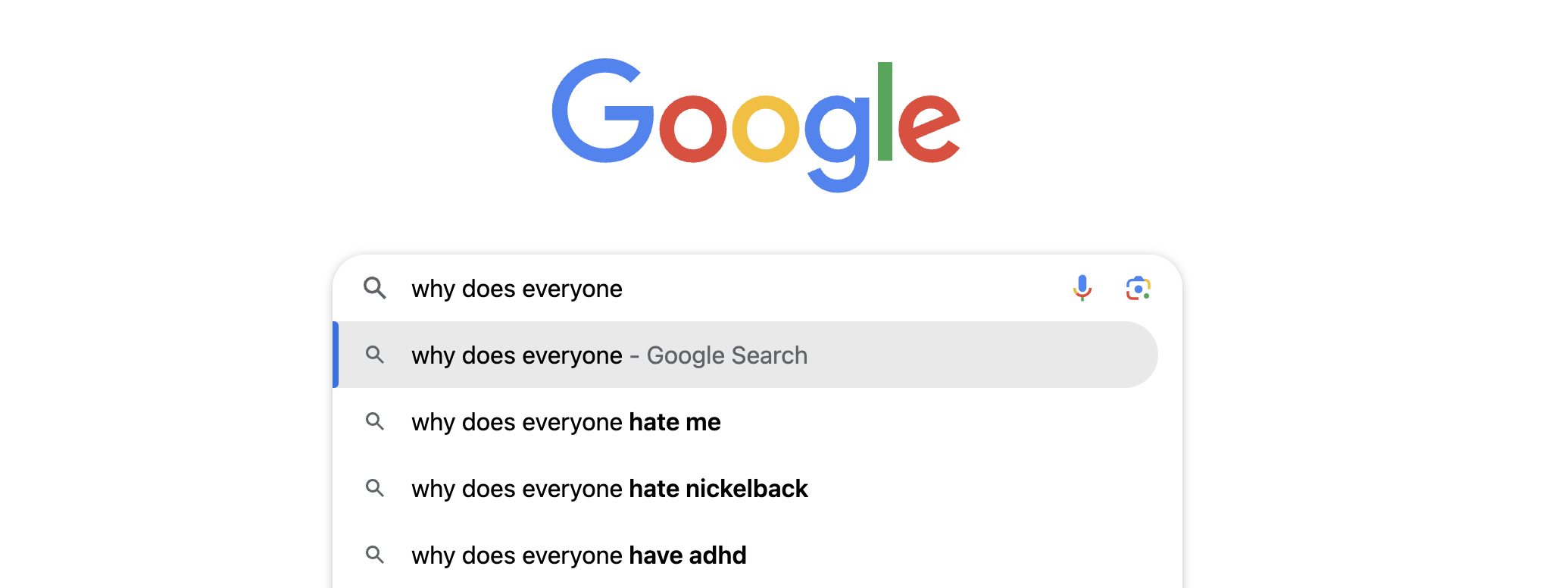 A screenshot of Google search with the request starting with 'why does everyone' and 'why does everyone hate nickelback' being within the first suggestions