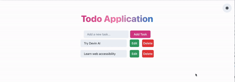 Devin TODO app theme switching, where it is not possible to see the tasks text