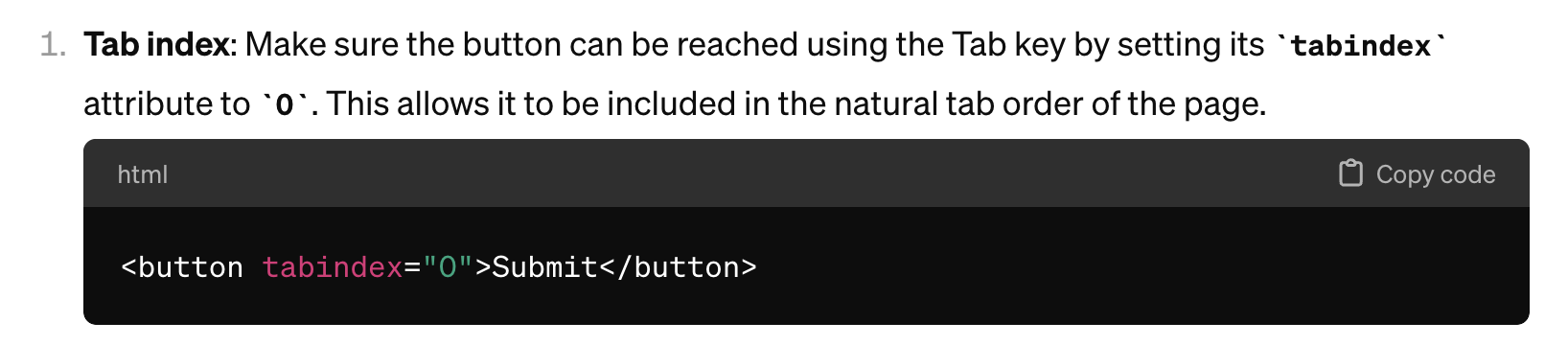 A ChatGPT code snippet with button tag having tabindex=0 attribute