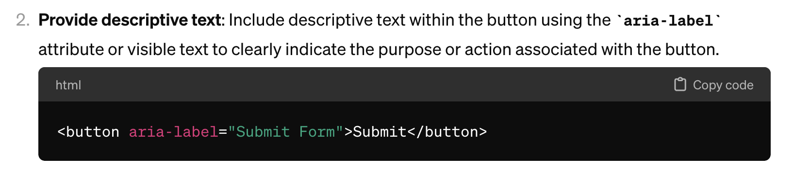 A ChatGPT code snippet with button tag having aria-label attribute