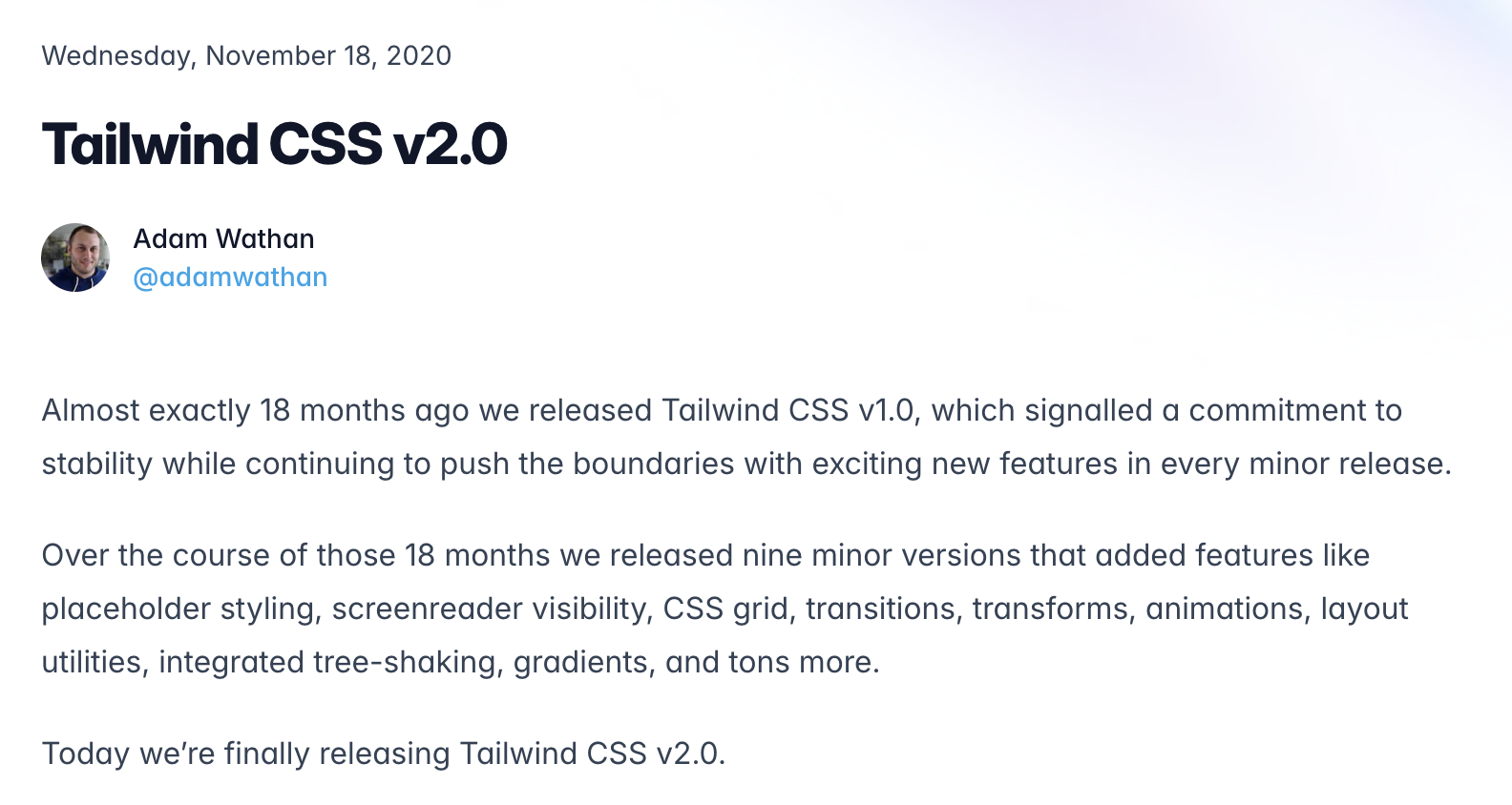 Tailwind 2.0 release notes