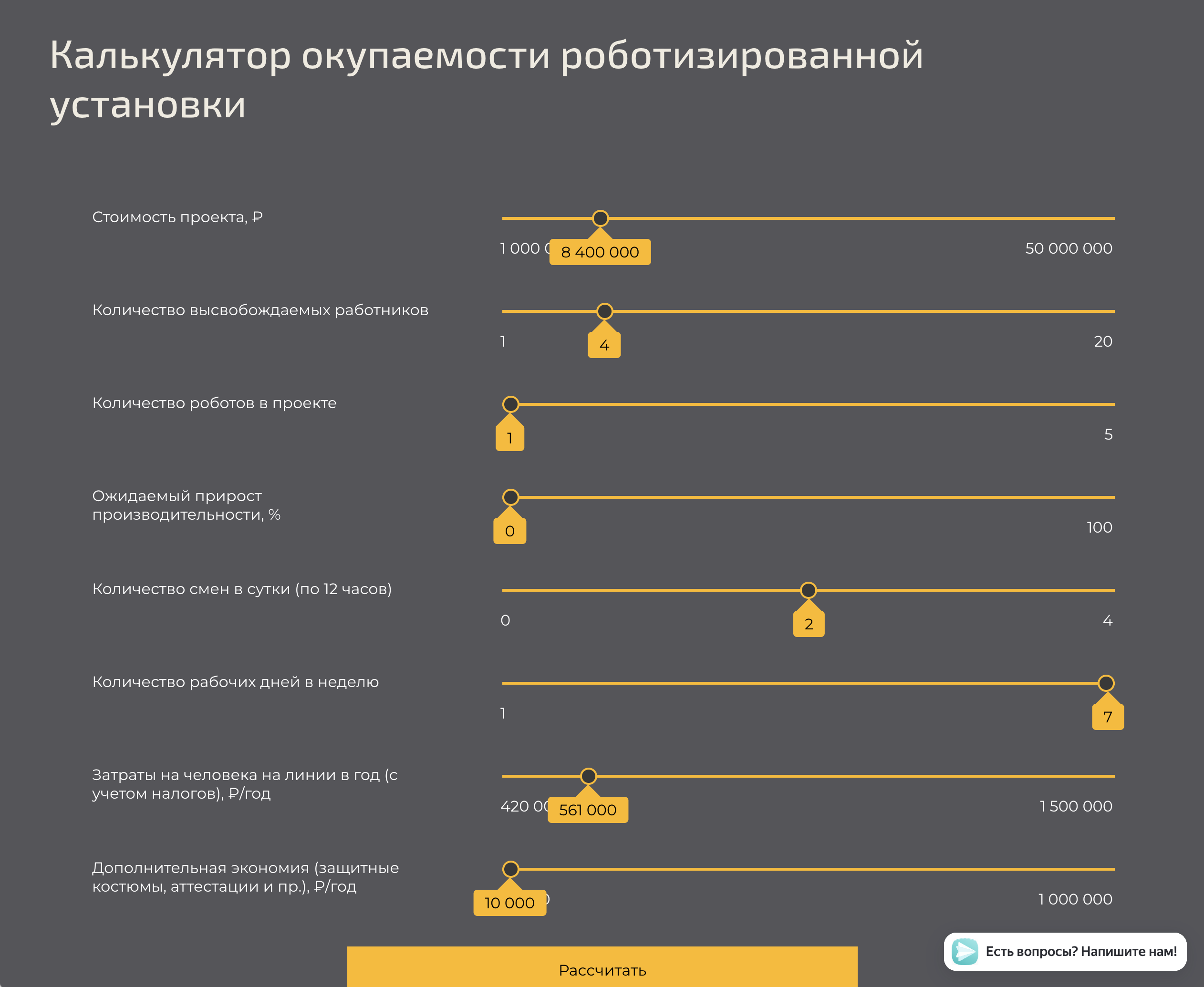 Screenshot of ROI calculation form (RU) - Inspair